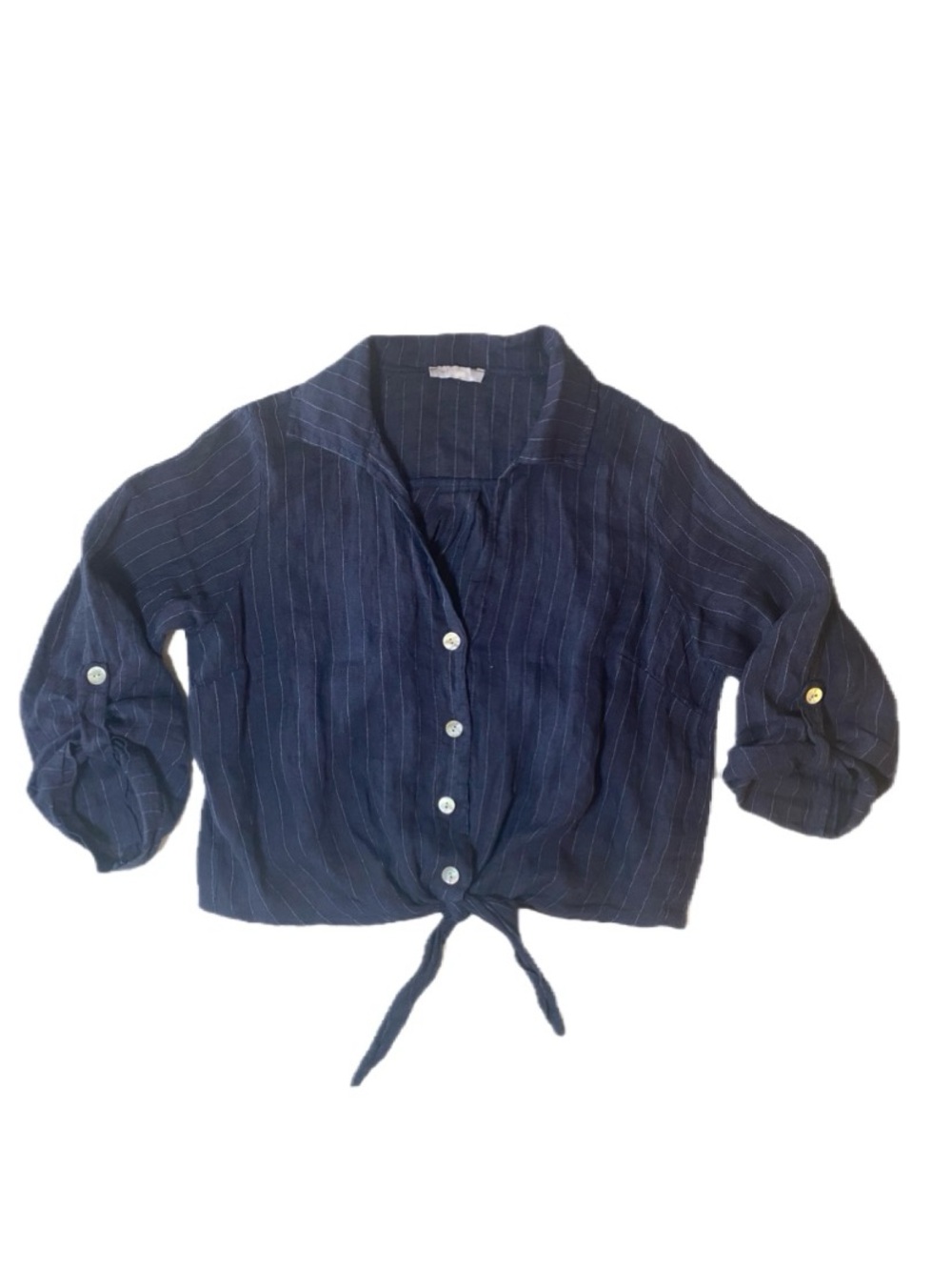 Milo Milano Pinstripe Linen Cropped Tie Front Blouse In Navy Size S